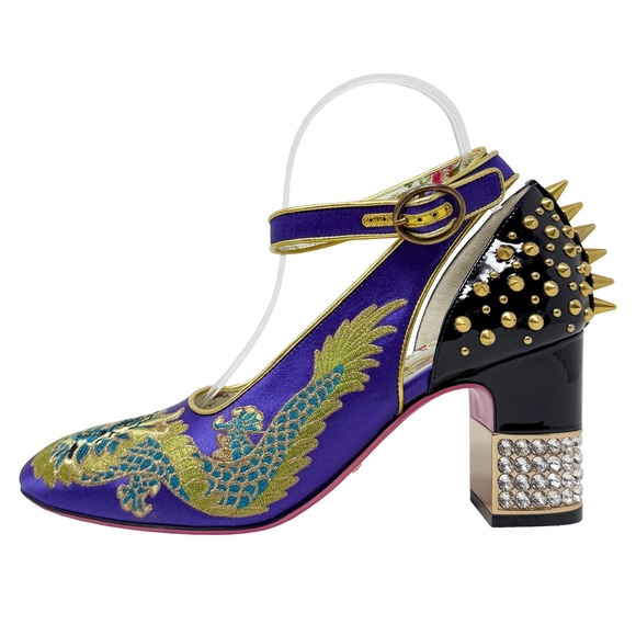 Gucci Shoes - Gucci Purple Dragon Embroidered Mary Jane Heels Spiked Block Crystal 37 FW 2017